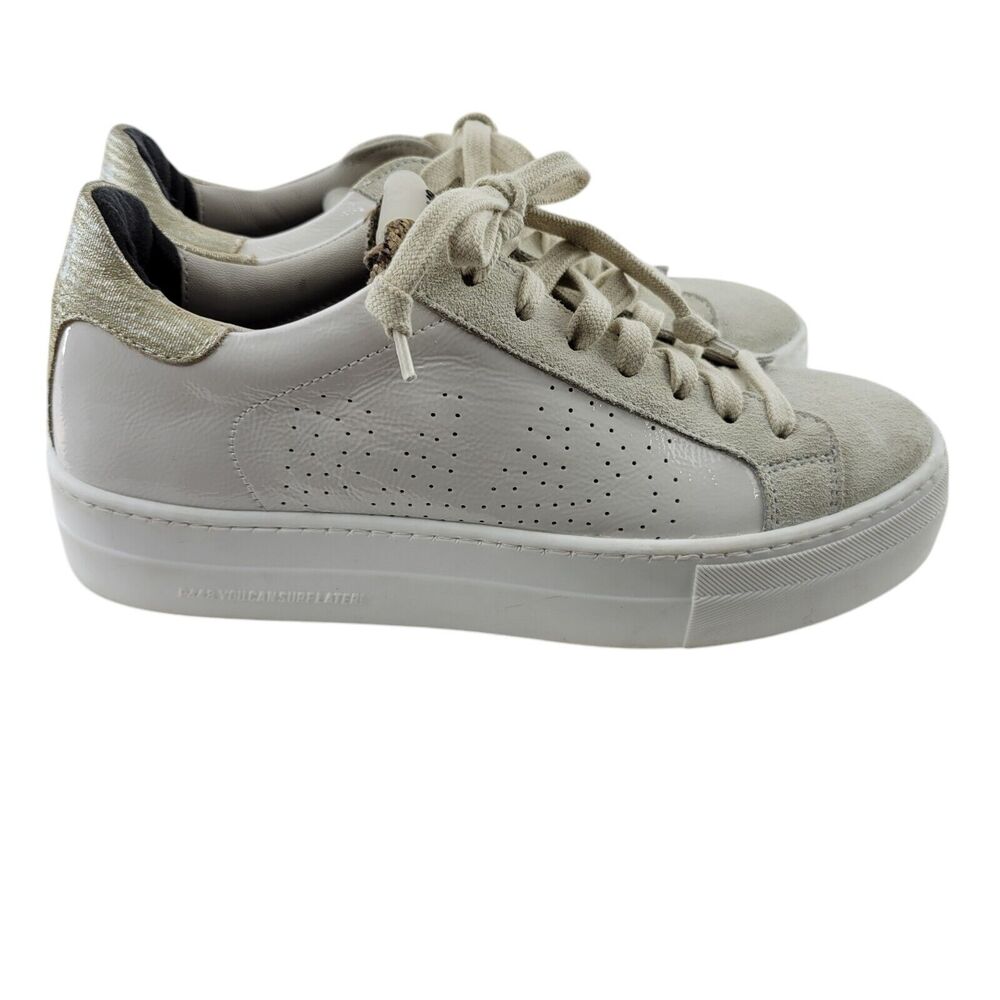 P448 Thea Platform Sneakers Womens 6 6.5 36 White Patent Leather Low Top Tan‎